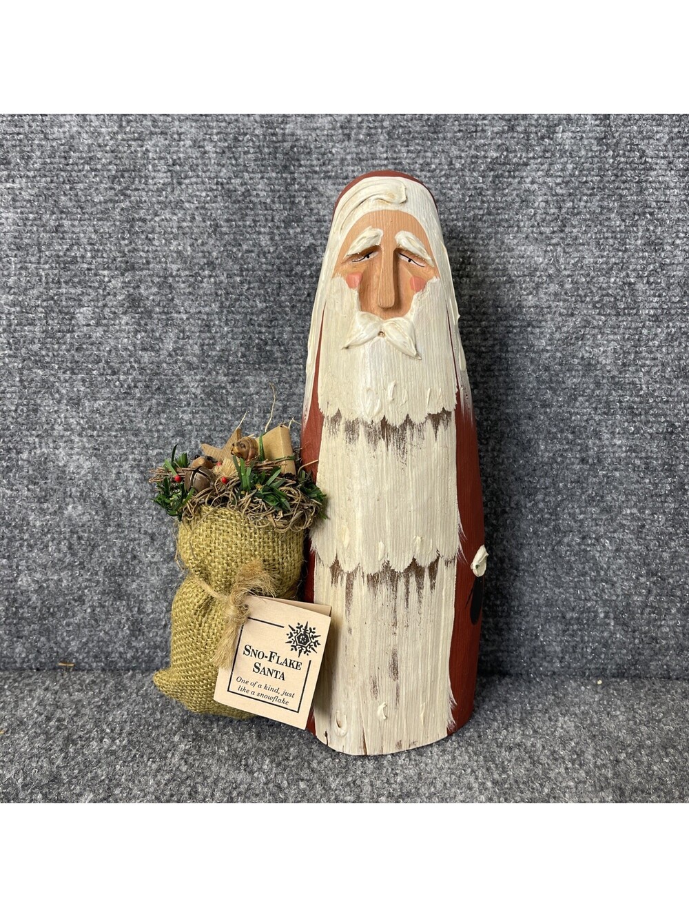 Vintage Sno-Flake Santa Hand Carved And Painted With Burlap Sack Of Toys